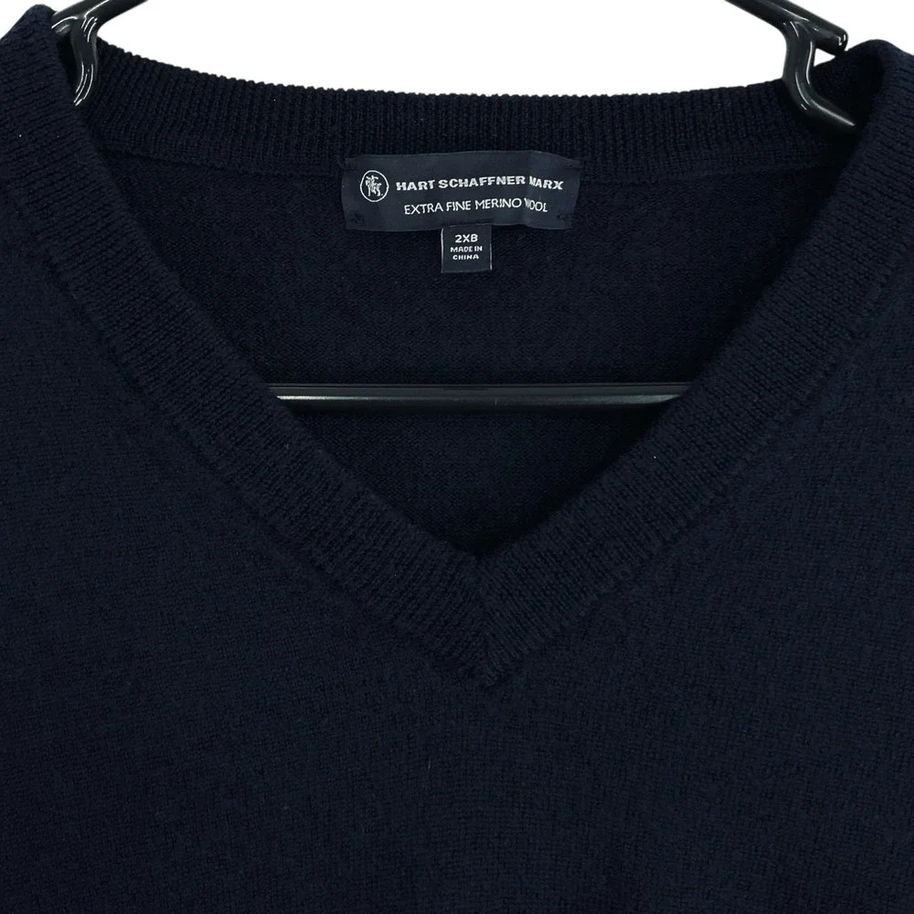 Hart Schaffner Marx Men's‎ 2XB Navy V-Neck Sweater 100% Merino Wool Big Tall